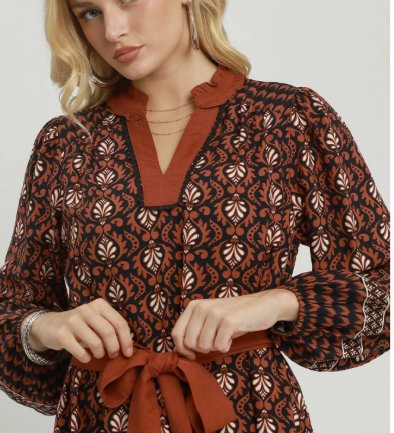 Mix Boho Print Belted Midi Dress - Russet Mix - S