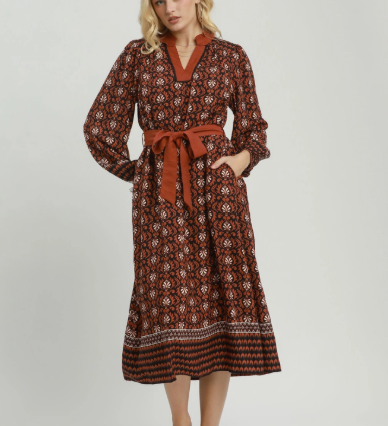 Mix Boho Print Belted Midi Dress - Russet Mix - L