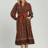 Mix Boho Print Belted Midi Dress - Russet Mix - M