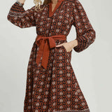 Mix Boho Print Belted Midi Dress - Russet Mix - M