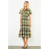 Short Sleeve Cinched Plaid Dress - Olive