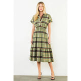 Short Sleeve Cinched Plaid Dress - Olive