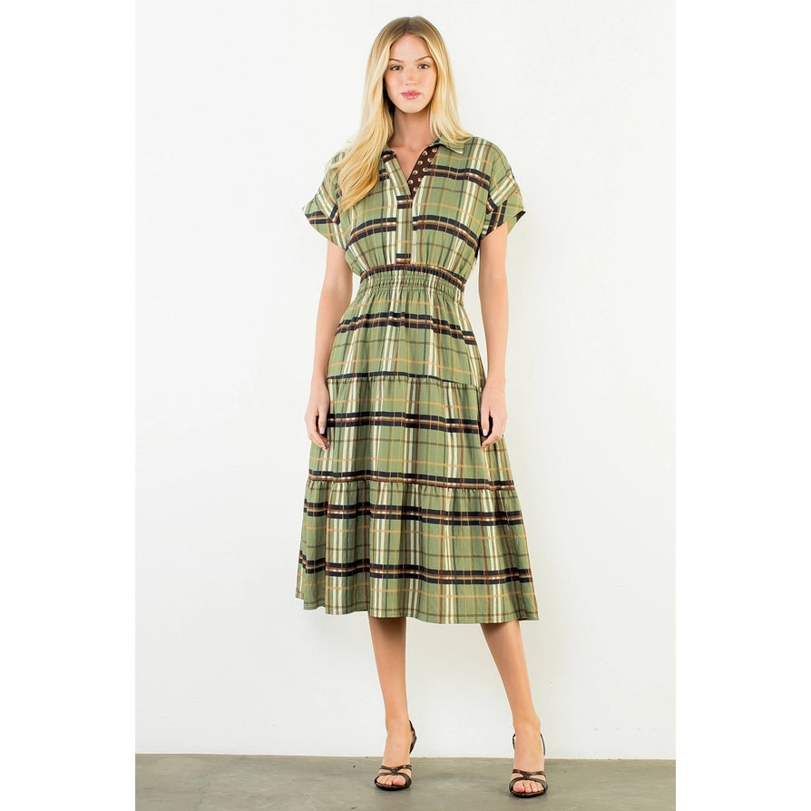 Short Sleeve Cinched Plaid Dress - Olive