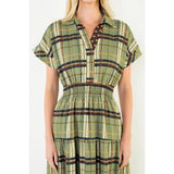 Short Sleeve Cinched Plaid Dress - Olive