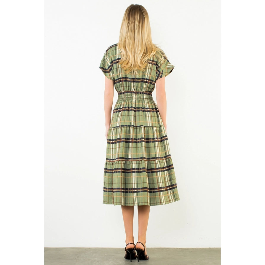 Short Sleeve Cinched Plaid Dress - Olive