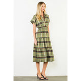 Short Sleeve Cinched Plaid Dress - Olive