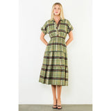 Short Sleeve Cinched Plaid Dress - Olive