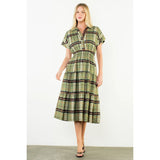 Short Sleeve Cinched Plaid Dress - Olive