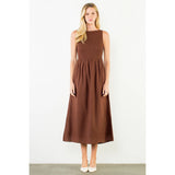 Sleeveless Smocked Pattern Midi Dress - Brown