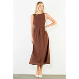 Sleeveless Smocked Pattern Midi Dress - Brown