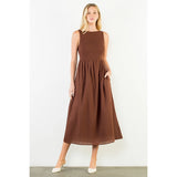 Sleeveless Smocked Pattern Midi Dress - Brown