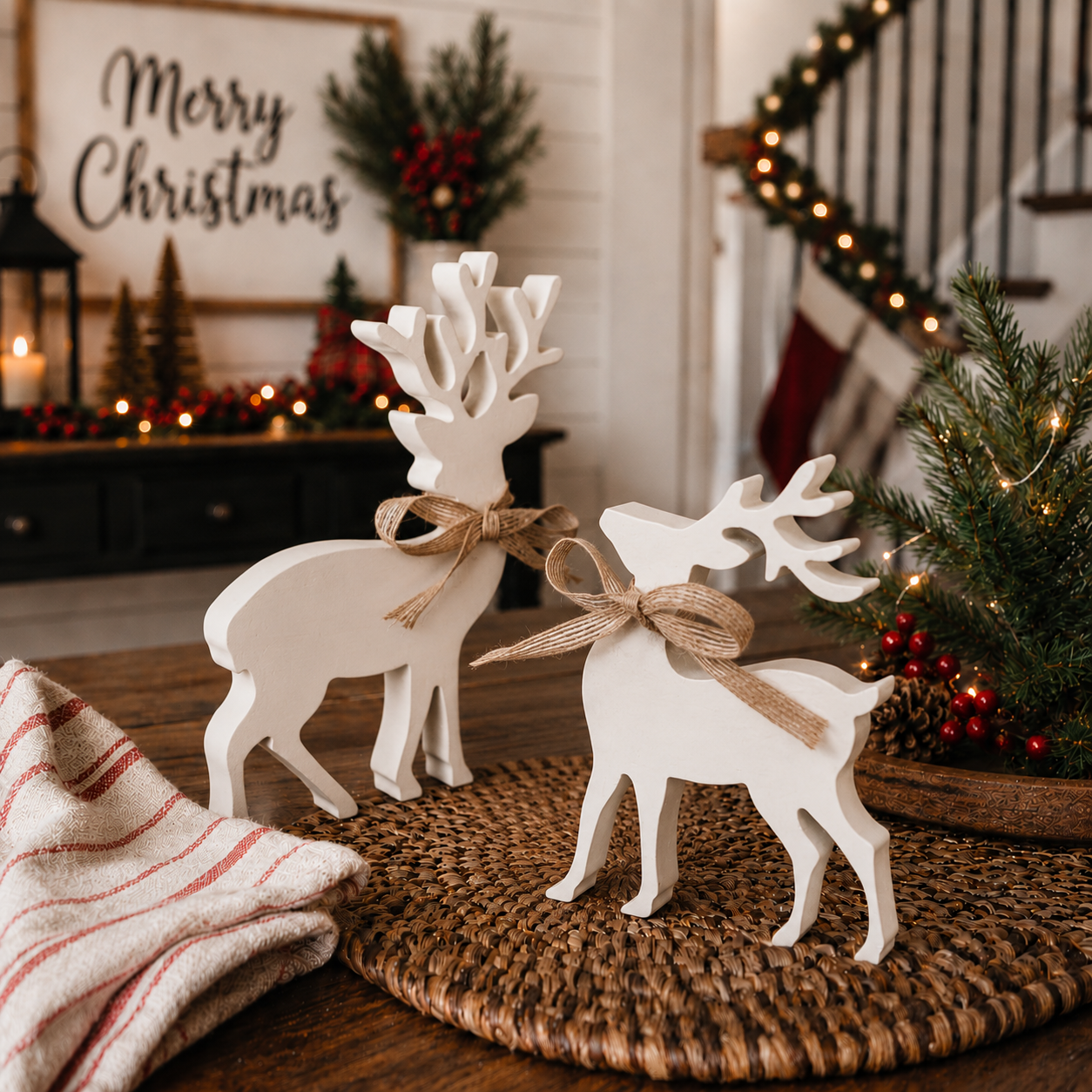 White Wooden Reindeer Christmas Decorations with Bow Deer: Tail Up