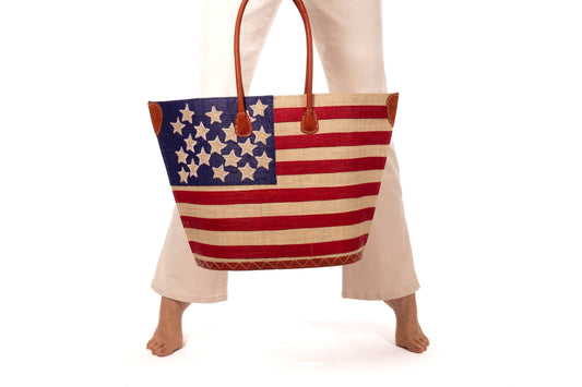 American Flag Small Straw Tote Bag