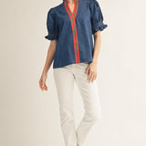 Solid Contrast Detail Washed Denim Top