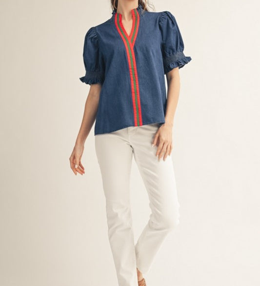 Solid Contrast Detail Washed Denim Top