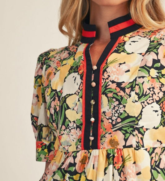 Puff Shoulder Floral Tiered Midi Dress