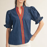 Solid Contrast Detail Washed Denim Top