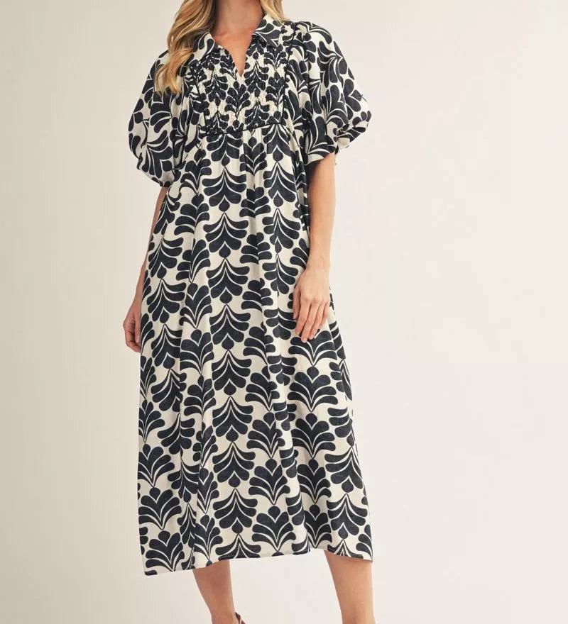 Puff Sleeves Boho Floral Midi Dress