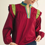 Burgundy Top with Green/Teal Contrast