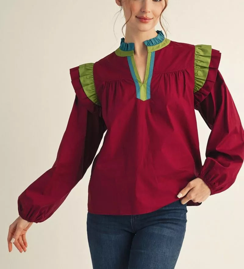 Burgundy Top with Green/Teal Contrast