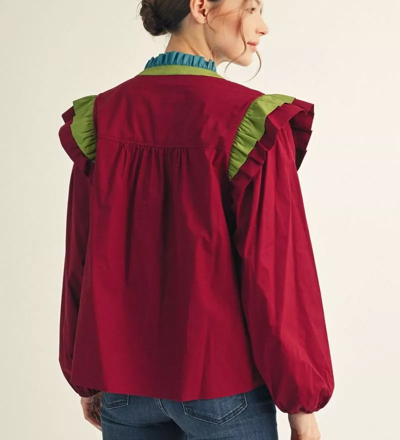 Burgundy Top with Green/Teal Contrast