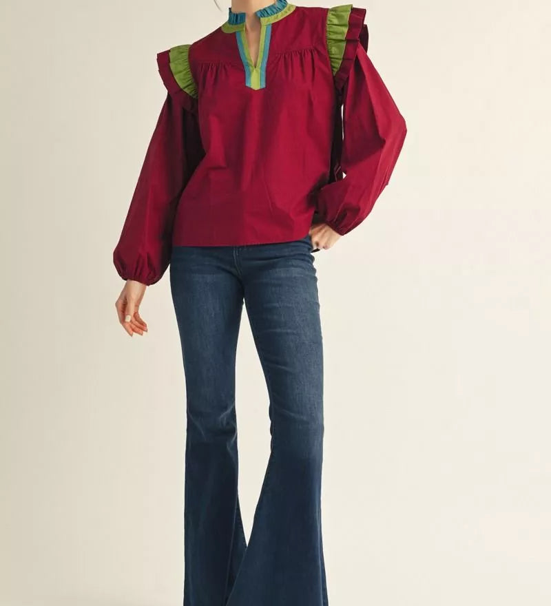 Burgundy Top with Green/Teal Contrast