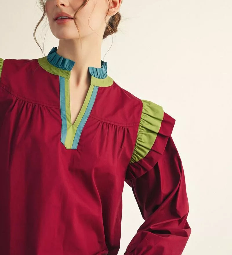 Burgundy Top with Green/Teal Contrast