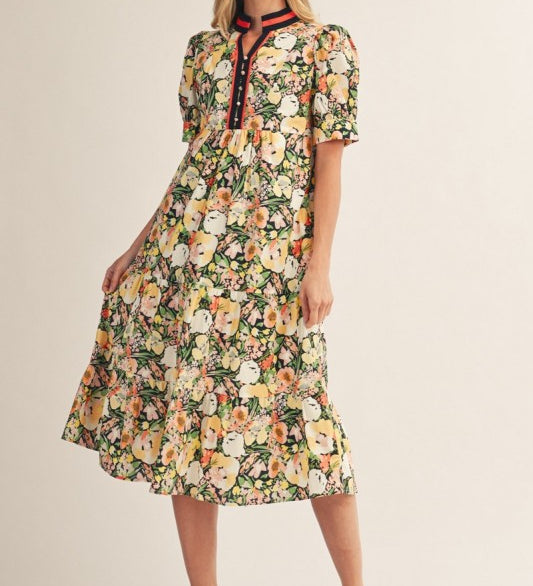 Puff Shoulder Floral Tiered Midi Dress