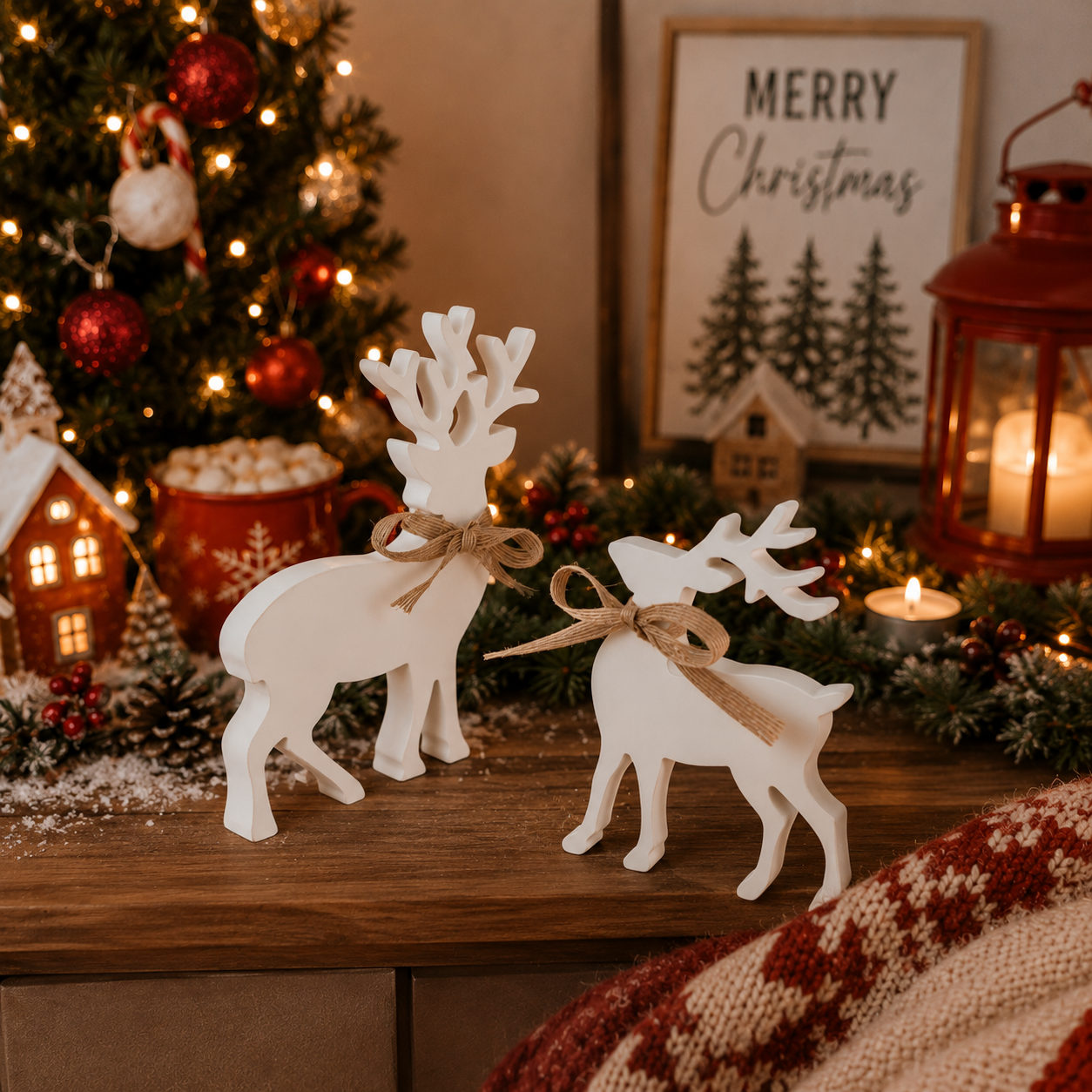 White Wooden Reindeer Christmas Decorations with Bow Deer: Tail Up