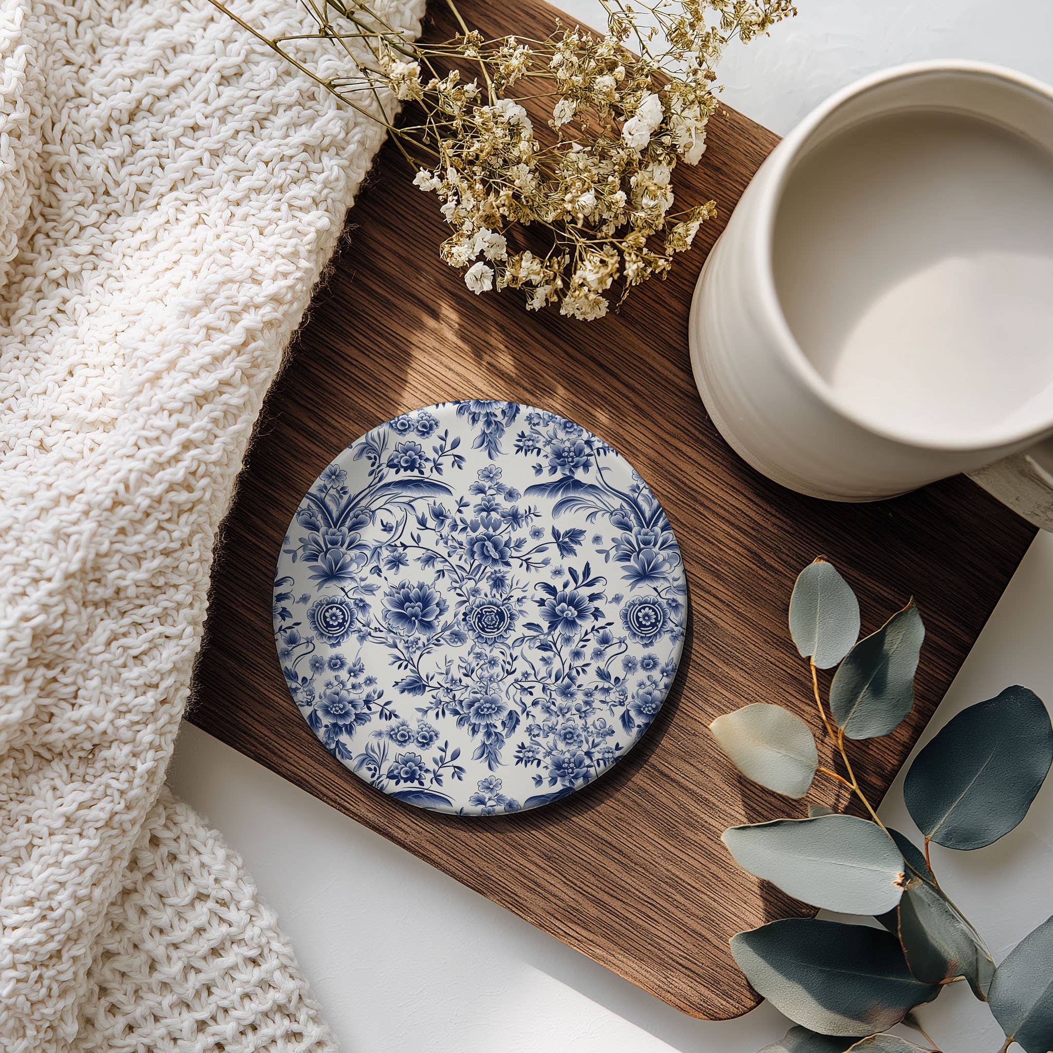 Blue and White Chinoiserie Ceramic Coaster