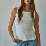 Cotton Round Neck Sleeveless Tank Top: Off White / M