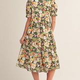 Puff Shoulder Floral Tiered Midi Dress