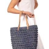 Boucle Crochet Straw Basket Bag in Denim