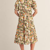 Puff Shoulder Floral Tiered Midi Dress