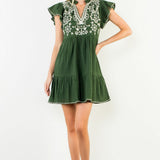 THML Textured Short Sleeve Embroidery Dress - Verde