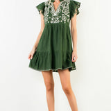 THML Textured Short Sleeve Embroidery Dress - Verde
