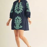 JODIFL Navy Dress with Aqua Pattern Plus