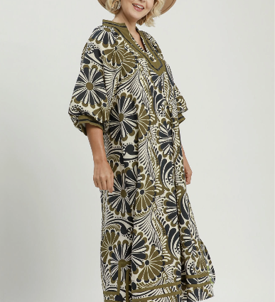 Abstract Print Midi Dress - Olive Mix - 2XL
