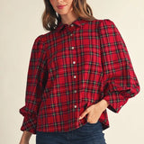 JODIFL Red Plaid Shirt with Puffed Sleeves